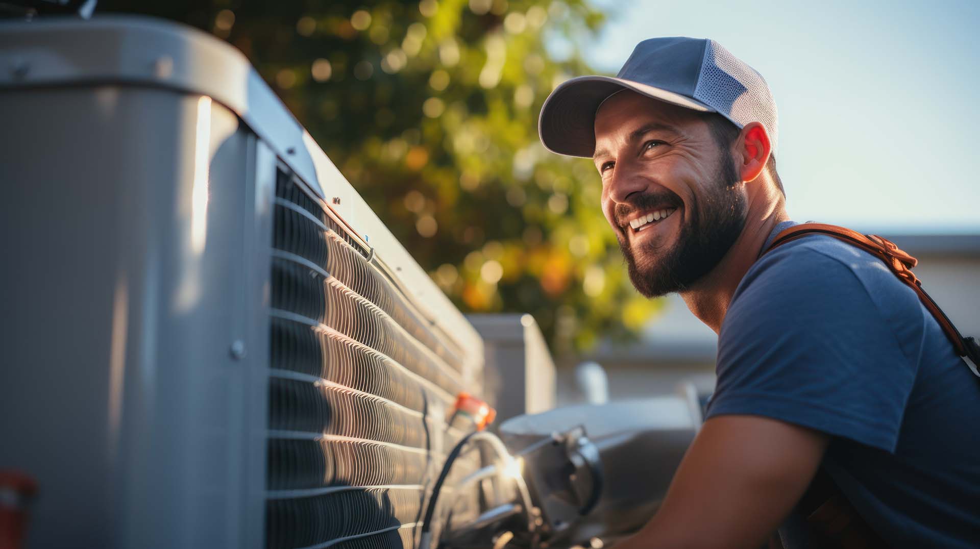 A male HVAC technician with a hat on smiling as he inspects an HVAC system outside