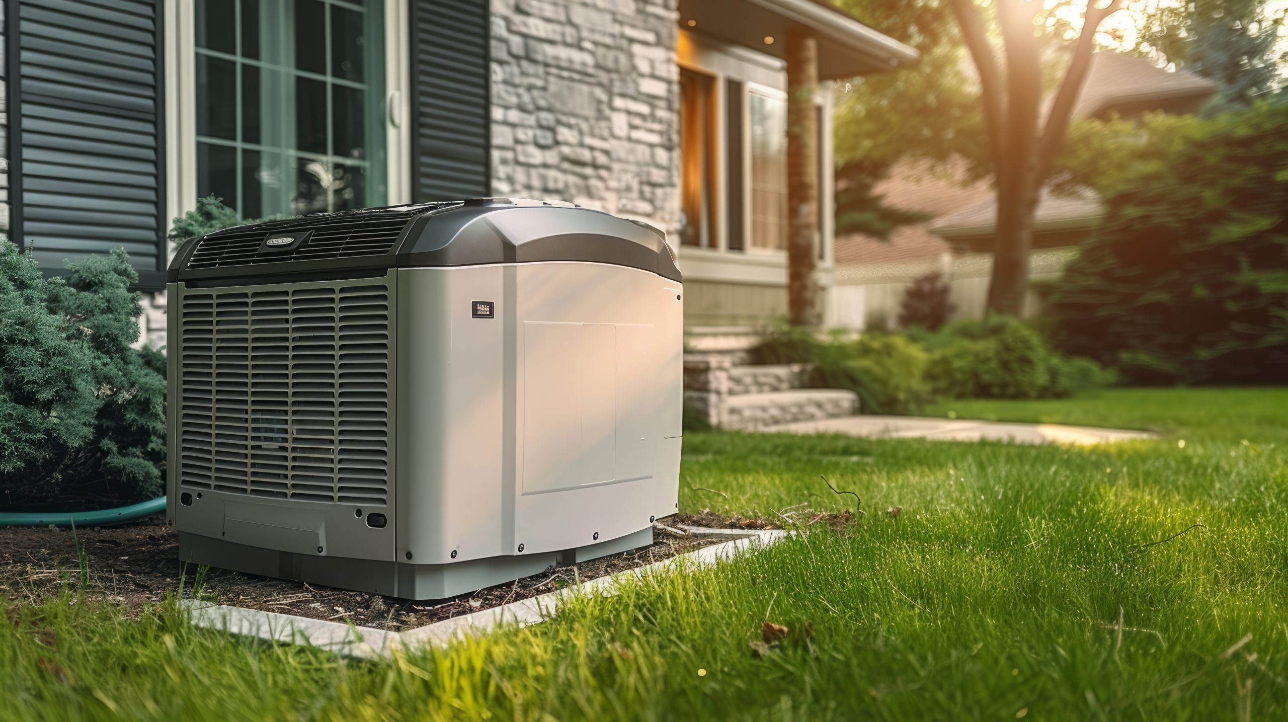 Gray and black home standby generator provides reliable backup power to nearby residential building