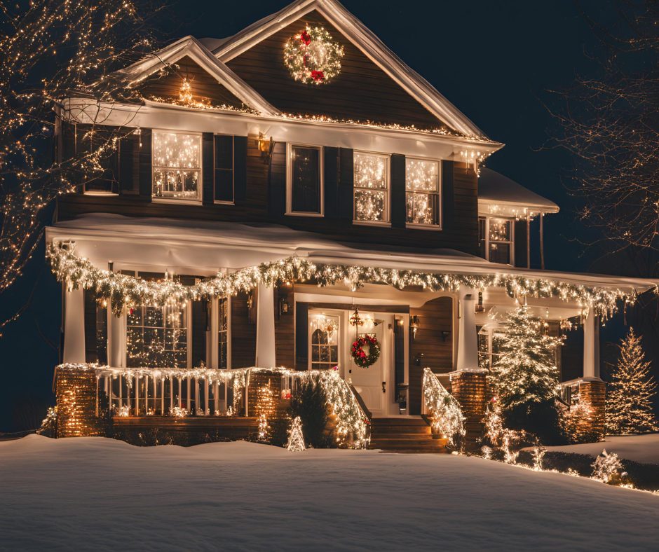 AI generated image of a house at night covered in Christmas decorations and lights with snow on the ground.